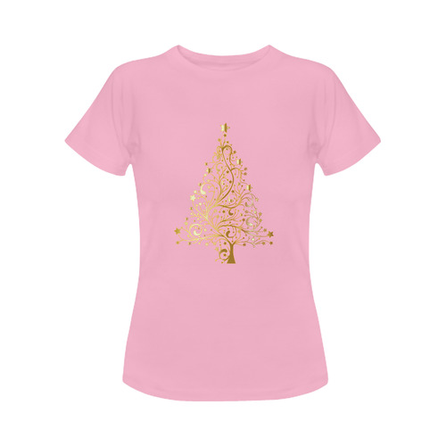 Beautiful Golden Christmas Tree on Pink Women's Classic T-Shirt (Model T17）
