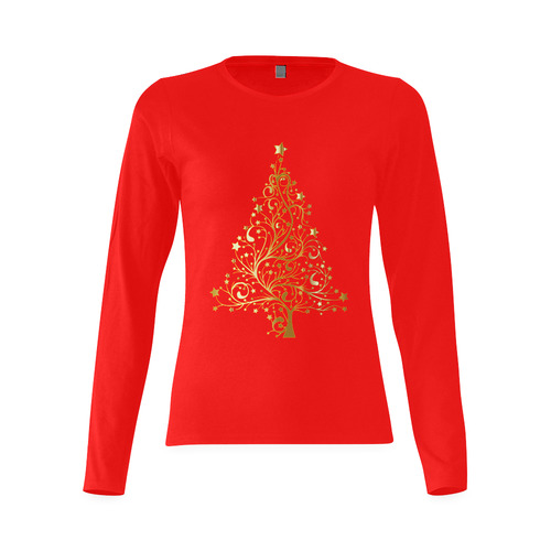 Beautiful Golden Christmas Tree on Red Sunny Women's T-shirt (long-sleeve) (Model T07)