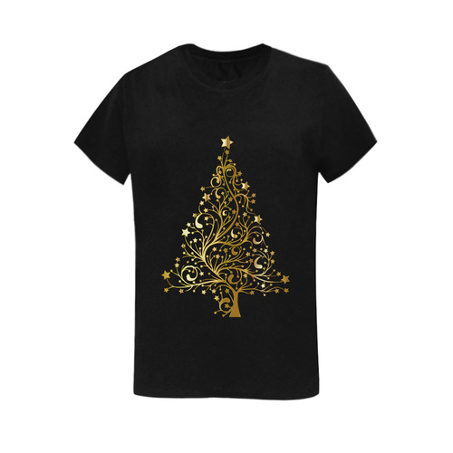 Beautiful Golden Christmas Tree on Black Women's T-Shirt in USA Size (Two Sides Printing)