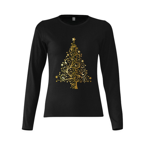 Beautiful Golden Christmas Tree on Black Sunny Women's T-shirt (long-sleeve) (Model T07)