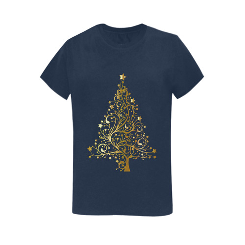 Beautiful Golden Christmas Tree on Blue Women's T-Shirt in USA Size (Two Sides Printing)