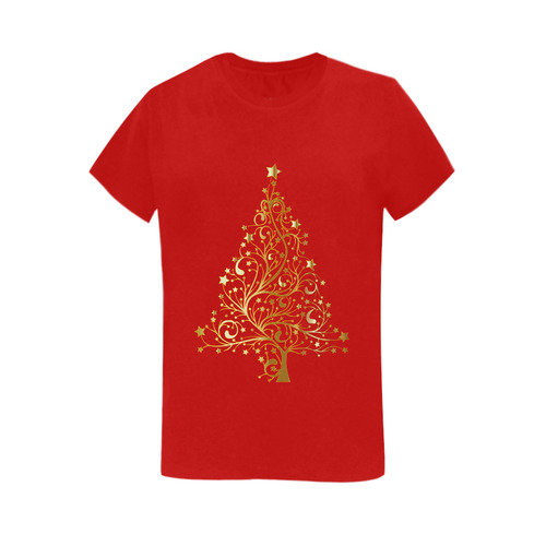 Beautiful Golden Christmas Tree on Red Women's T-Shirt in USA Size (Two Sides Printing)