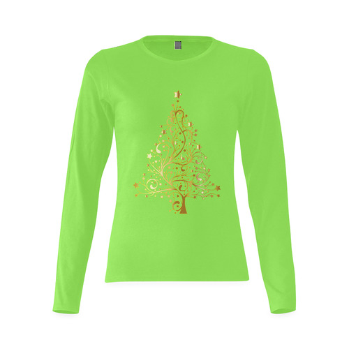 Beautiful Golden Christmas Tree on Green Sunny Women's T-shirt (long-sleeve) (Model T07)