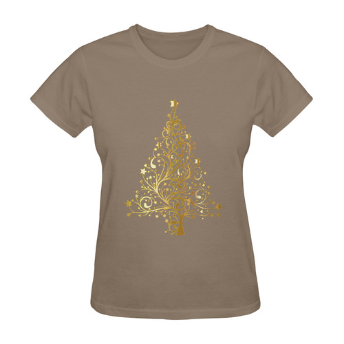 Beautiful Golden Christmas Tree on Brown Sunny Women's T-shirt (Model T05)