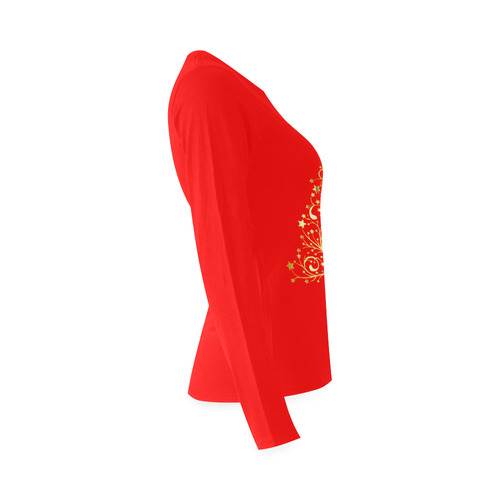 Beautiful Golden Christmas Tree on Red Sunny Women's T-shirt (long-sleeve) (Model T07)