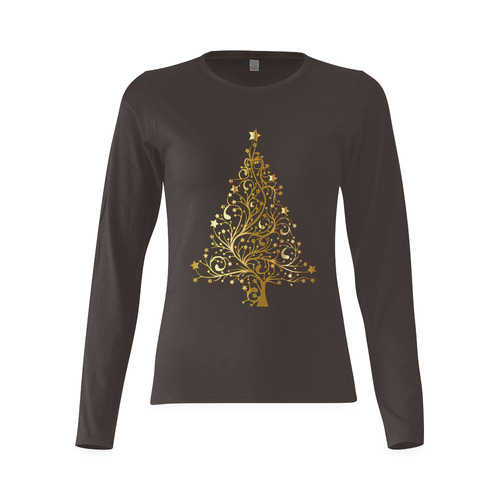 Beautiful Golden Christmas Tree on Brown Sunny Women's T-shirt (long-sleeve) (Model T07)