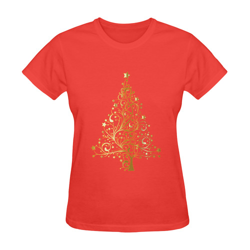 Beautiful Golden Christmas Tree on Red Sunny Women's T-shirt (Model T05)