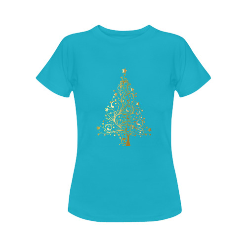 Beautiful Golden Christmas Tree on Blue Women's Classic T-Shirt (Model T17）