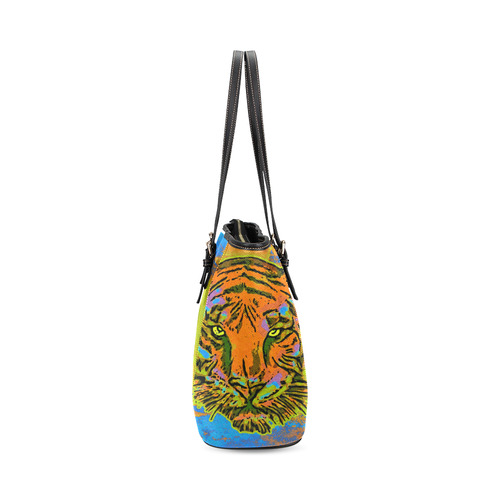 Pop Art TIGER HEAD orange green blue Leather Tote Bag/Small (Model 1640)