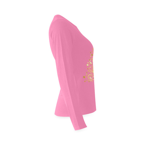 Beautiful Golden Christmas Tree on Pink Sunny Women's T-shirt (long-sleeve) (Model T07)