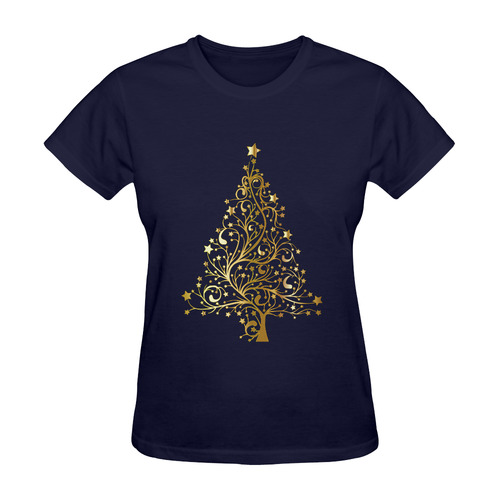 Beautiful Golden Christmas Tree on Blue Sunny Women's T-shirt (Model T05)
