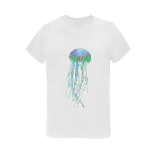 Watercolore JELLY FISH Blue Lilac Green Women's T-Shirt in USA Size (Two Sides Printing)