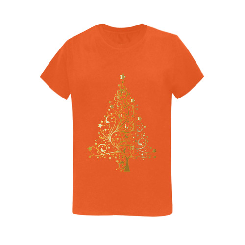 Beautiful Golden Christmas Tree on Orange Women's T-Shirt in USA Size (Two Sides Printing)