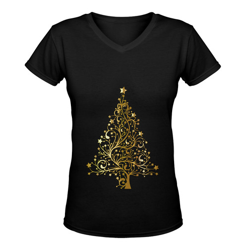 Beautiful Golden Christmas Tree on Black Women's Deep V-neck T-shirt (Model T19)