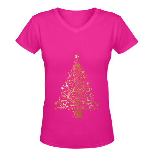 Beautiful Golden Christmas Tree on Pink Women's Deep V-neck T-shirt (Model T19)
