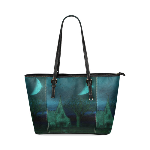 haunted house (halloween) Leather Tote Bag/Large (Model 1640)
