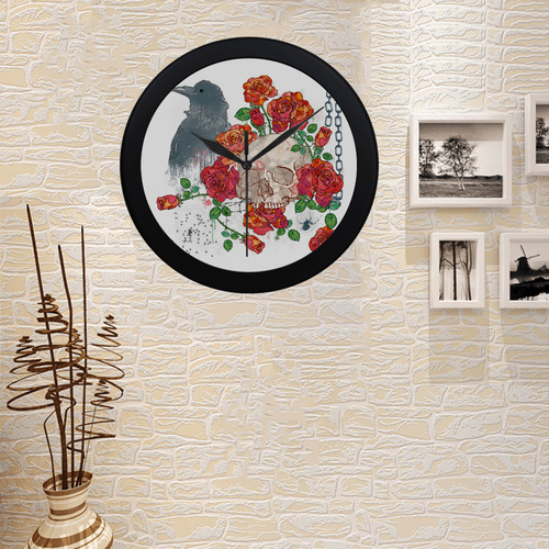 watercolor skull and roses Circular Plastic Wall clock