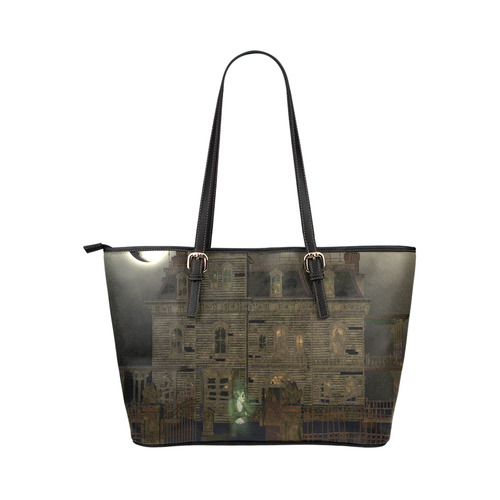 haunted house (halloween) Leather Tote Bag/Large (Model 1651)