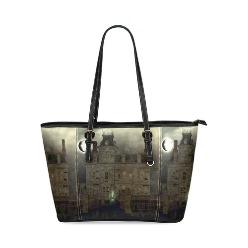 haunted house (halloween) Leather Tote Bag/Large (Model 1640)