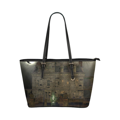 haunted house (halloween) Leather Tote Bag/Large (Model 1651)