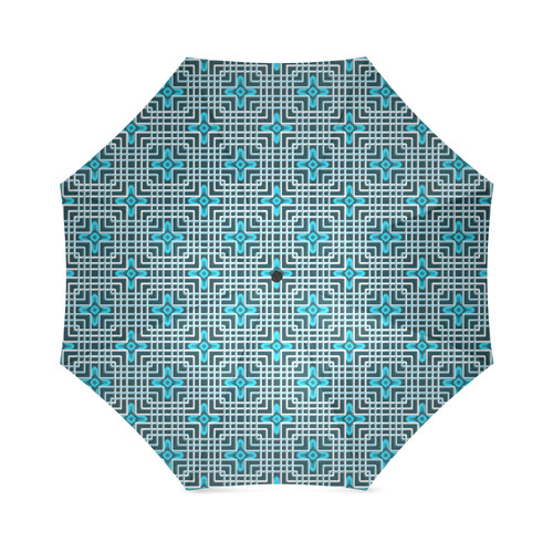 Neon blue flowers and white grid unique geometric pattern stylish urban fashion design Foldable Umbrella (Model U01)