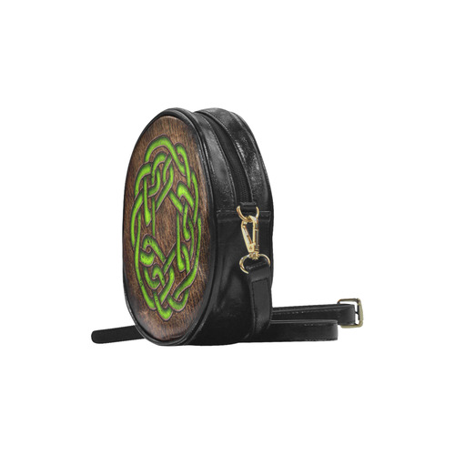 Bright neon grass green Celtic Knot on genuine leather digital pattern Round Sling Bag (Model 1647)