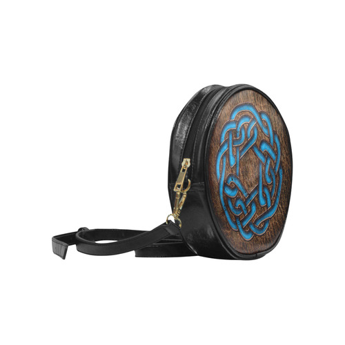 Bright neon blue Celtic Knot on genuine leather digital pattern Round Sling Bag (Model 1647)