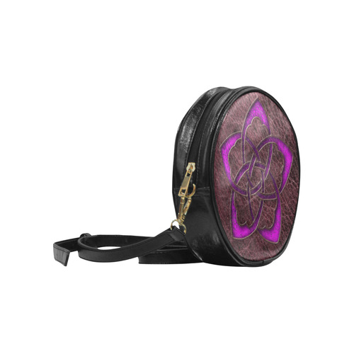 Bright neon purple Celtic Flower on genuine leather digital pattern Round Sling Bag (Model 1647)