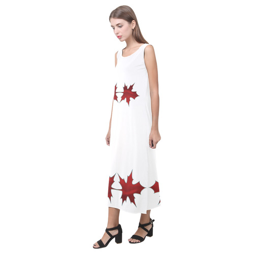 Metallic Autumn Red Maple Tree Leaves Phaedra Sleeveless Open Fork Long Dress (Model D08)