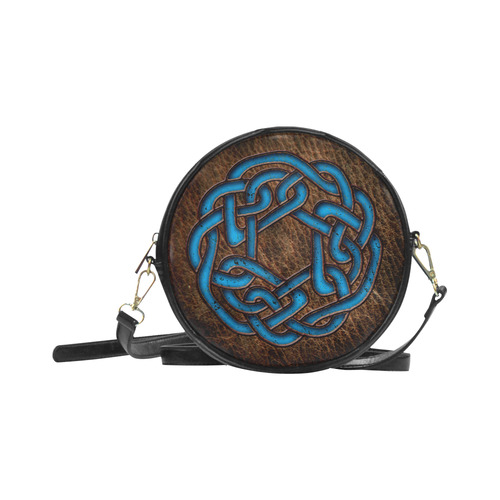 Bright neon blue Celtic Knot on genuine leather digital pattern Round Sling Bag (Model 1647)