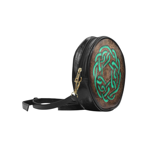 Bright neon mint green Celtic Knot on genuine leather digital pattern Round Sling Bag (Model 1647)