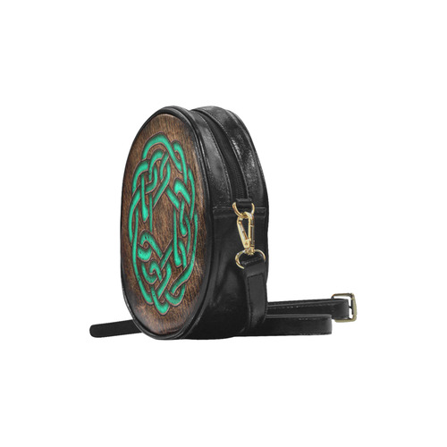 Bright neon mint green Celtic Knot on genuine leather digital pattern Round Sling Bag (Model 1647)