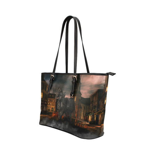 A dark horse in a knight armor Leather Tote Bag/Large (Model 1651)