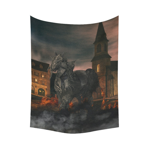 A dark horse in a knight armor Cotton Linen Wall Tapestry 60"x 80"
