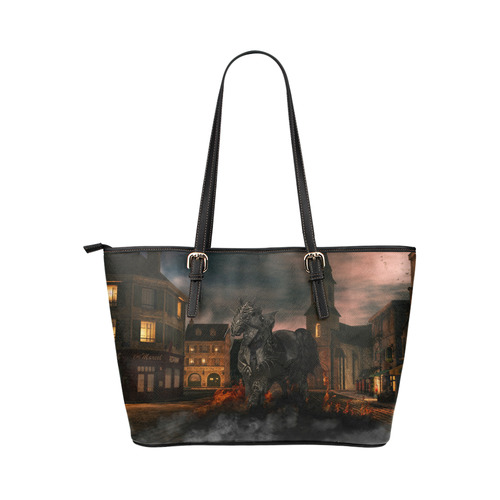 A dark horse in a knight armor Leather Tote Bag/Large (Model 1651)