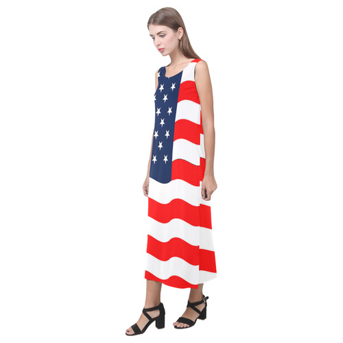 Wavy American Flag Phaedra Sleeveless Open Fork Long Dress (Model D08)