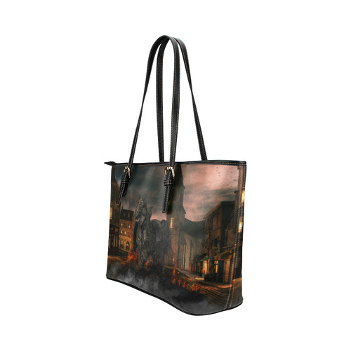 A dark horse in a knight armor Leather Tote Bag/Large (Model 1651)