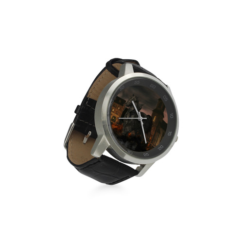 A dark horse in a knight armor Unisex Stainless Steel Leather Strap Watch(Model 202)