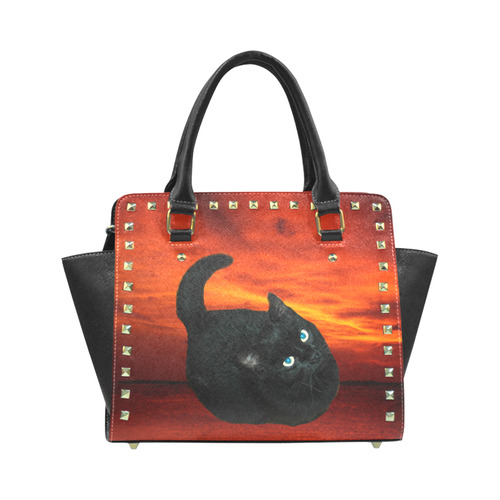 Cat and Red Sky Rivet Shoulder Handbag (Model 1645)