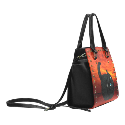 Cat and Red Sky Rivet Shoulder Handbag (Model 1645)