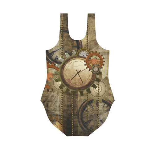 Steampunk, wonderful noble desig, clocks and gears Vest One Piece Swimsuit (Model S04)