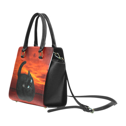 Cat and Red Sky Rivet Shoulder Handbag (Model 1645)