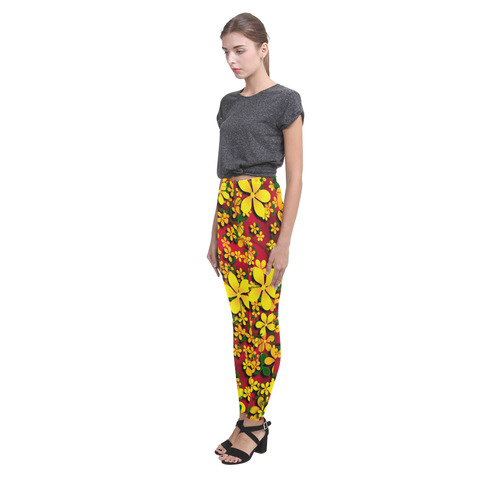 Pretty Orange & Yellow Flowers on Red Cassandra Women's Leggings (Model L01)