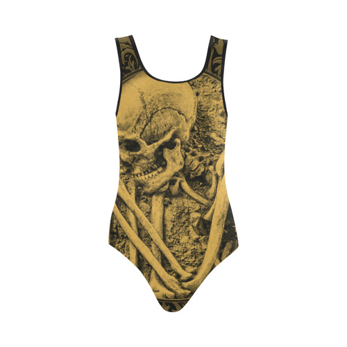 The skeleton in a round button with flowers Vest One Piece Swimsuit (Model S04)