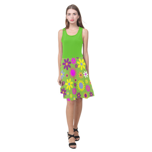 Retro Flower Power Green I Atalanta Casual Sundress(Model D04)