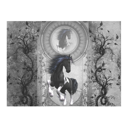 Awesome horse in black and white with flowers Cotton Linen Tablecloth 52"x 70"