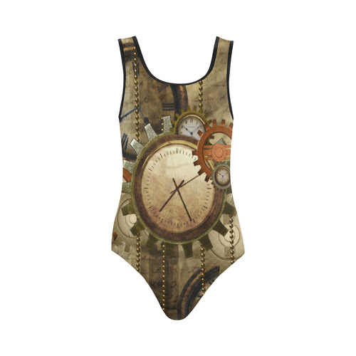 Steampunk, wonderful noble desig, clocks and gears Vest One Piece Swimsuit (Model S04)