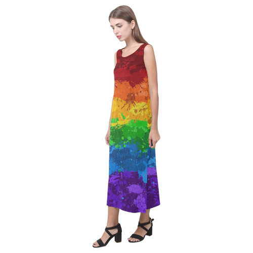 Rainbow Paint Splatter Flag Phaedra Sleeveless Open Fork Long Dress (Model D08)