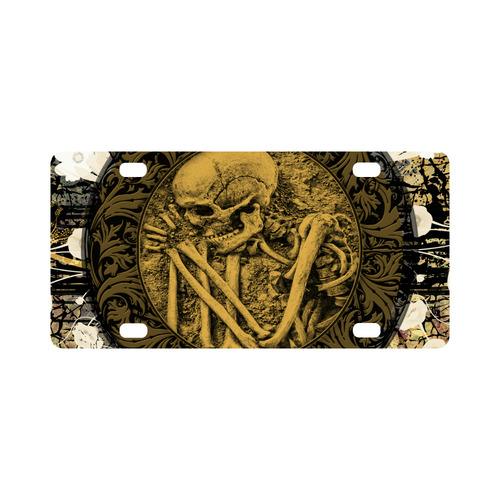 The skeleton in a round button with flowers Classic License Plate