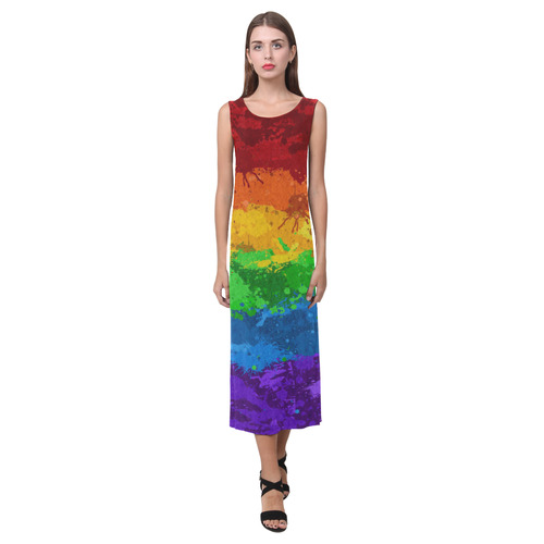 Rainbow Paint Splatter Flag Phaedra Sleeveless Open Fork Long Dress (Model D08)